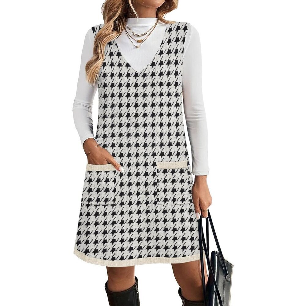 Women's Knit Sweater Vest Dress V-Neck Pockets Fall Winter Casual